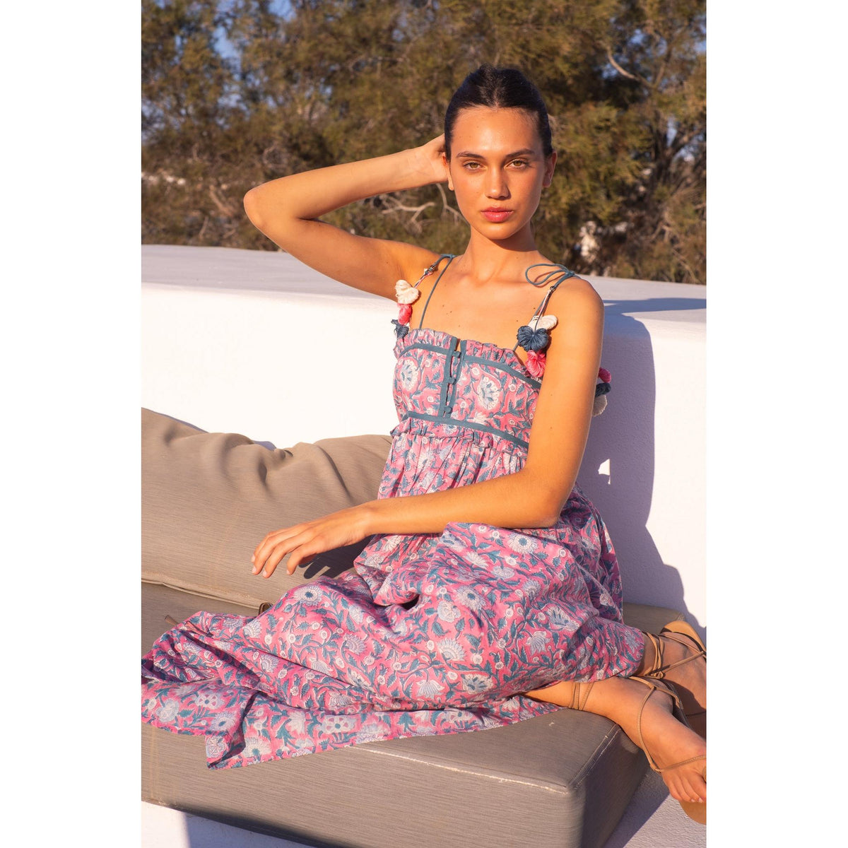 cotton blend dress Maggie 9/25 tie belt and you 1950's Vintage Cotton Voile Color:Pacific Blue Foil