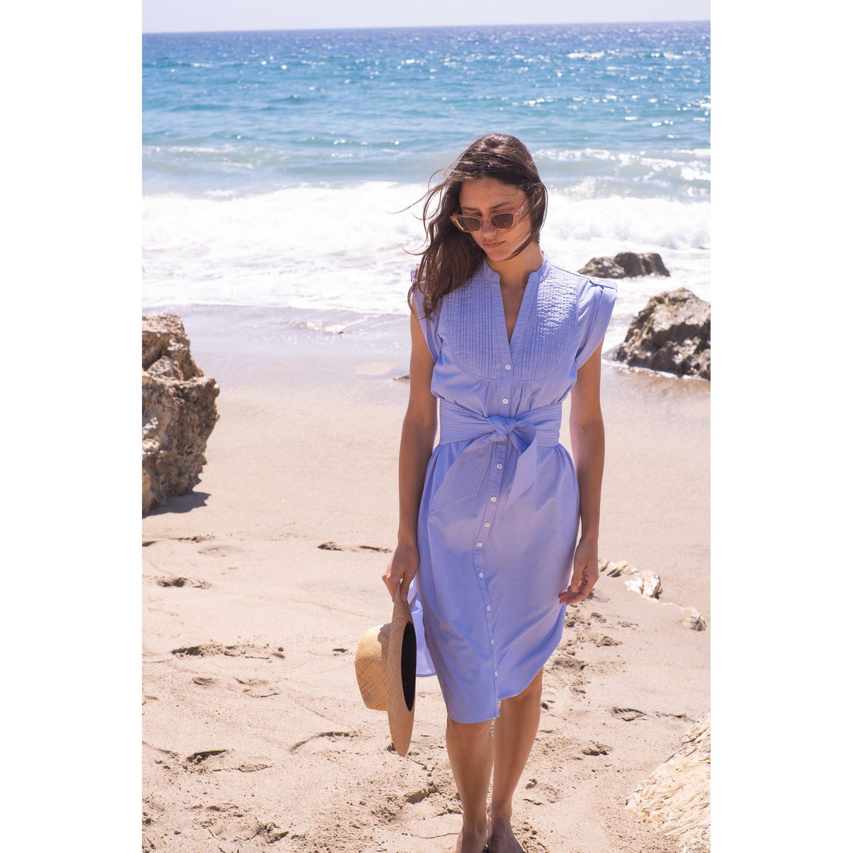 navy cotton midi dress Thin Navy Stripe Kat Midi Dress