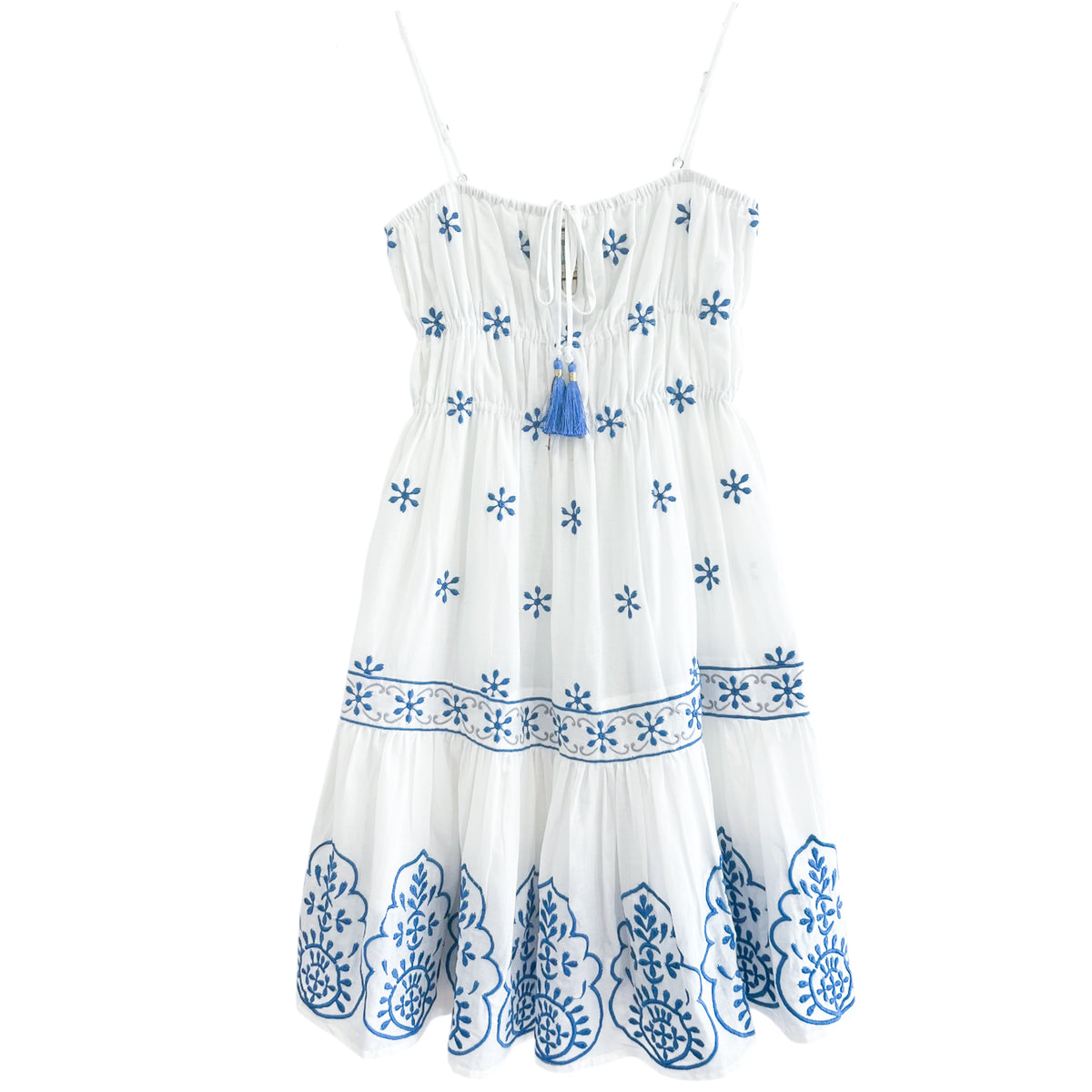 blue embroidered white dress BELL by Alicia Bell 🌀 Cos Floaty Asymmetric occasion_birthday this sunny dress features SIZE:32/34 Zara