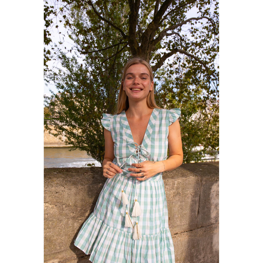 green gingham wrap dress Green Gingham Print Wrap Tie Midi Dress