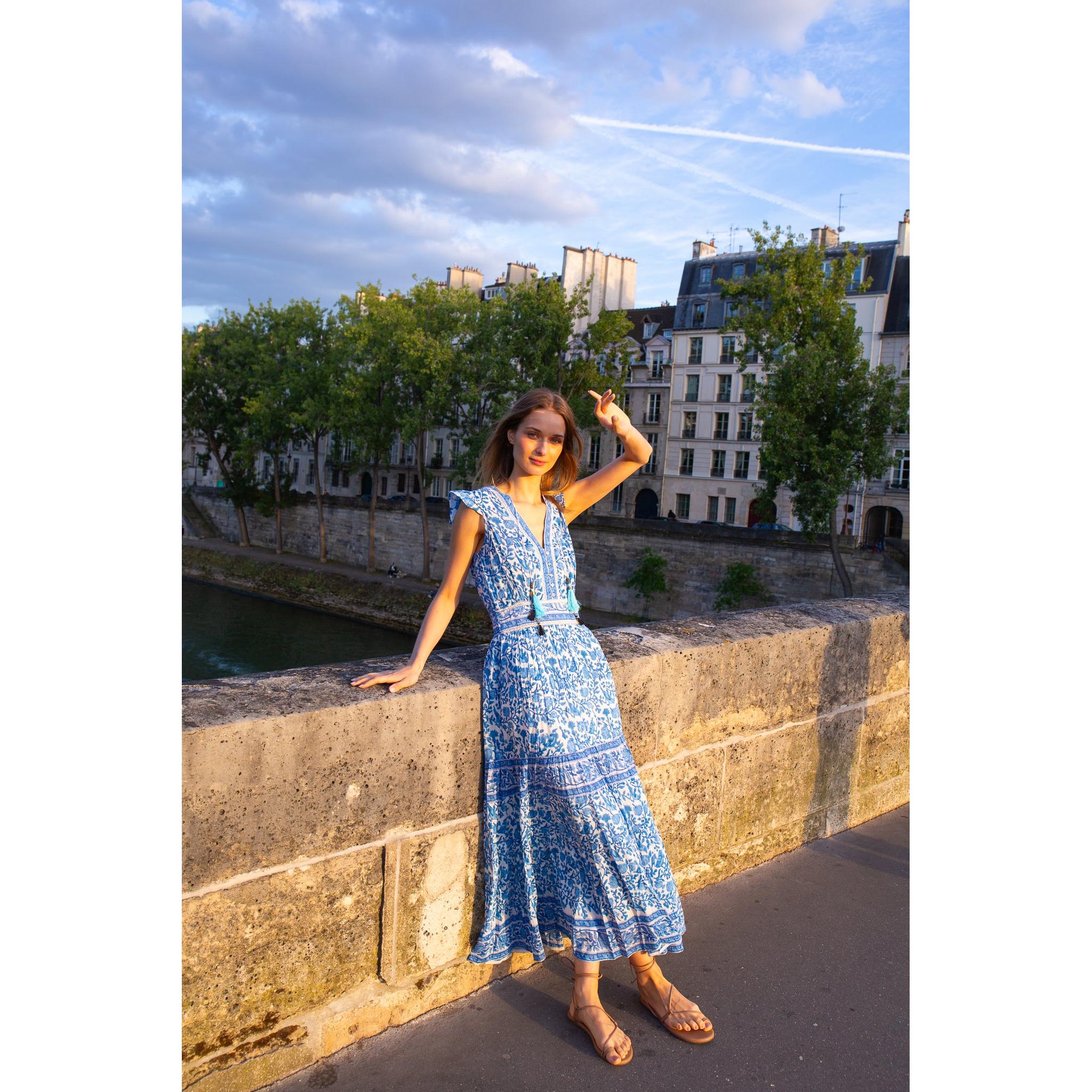 flowy floral maxi dress with sleeves The Cassie Floral Maxi Dress Periwinkle / 3X