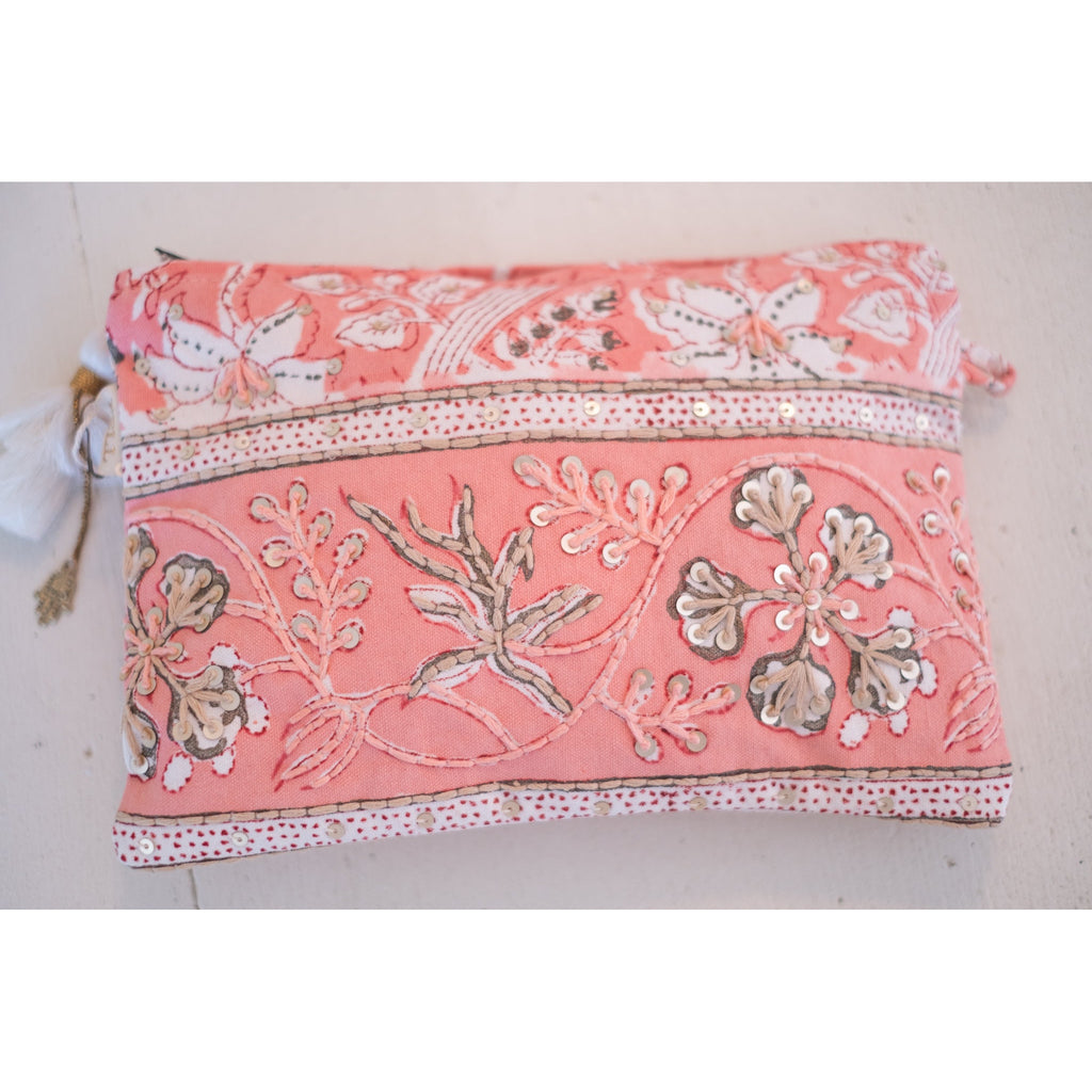 Peach Small Zipper Pouch With Embroidery