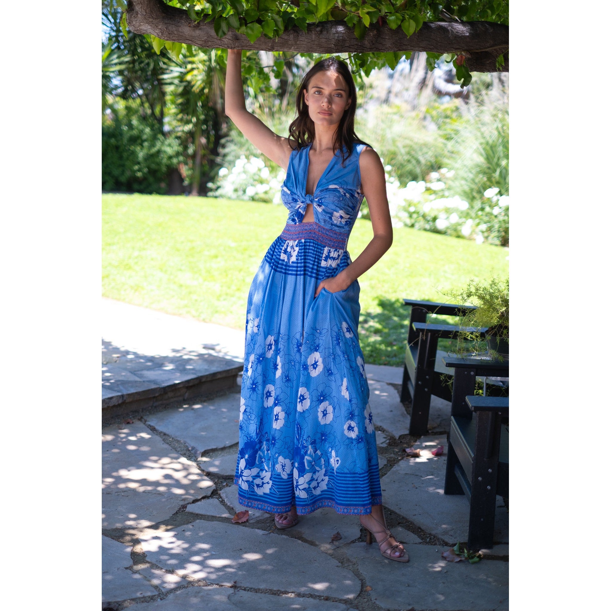 knee length dresses for ladies Annabelle Maxi Dress Green Pink Bird Print 3 main image 1
