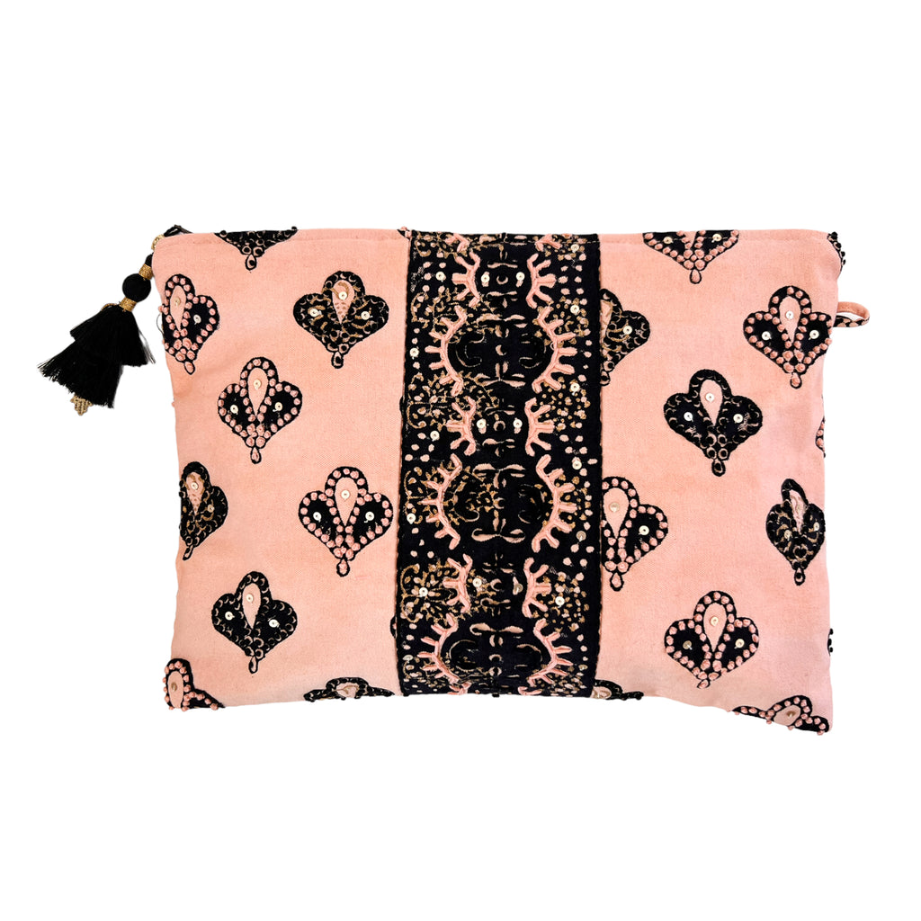 Peach/Black Large Zipper Pouch With Embroidery