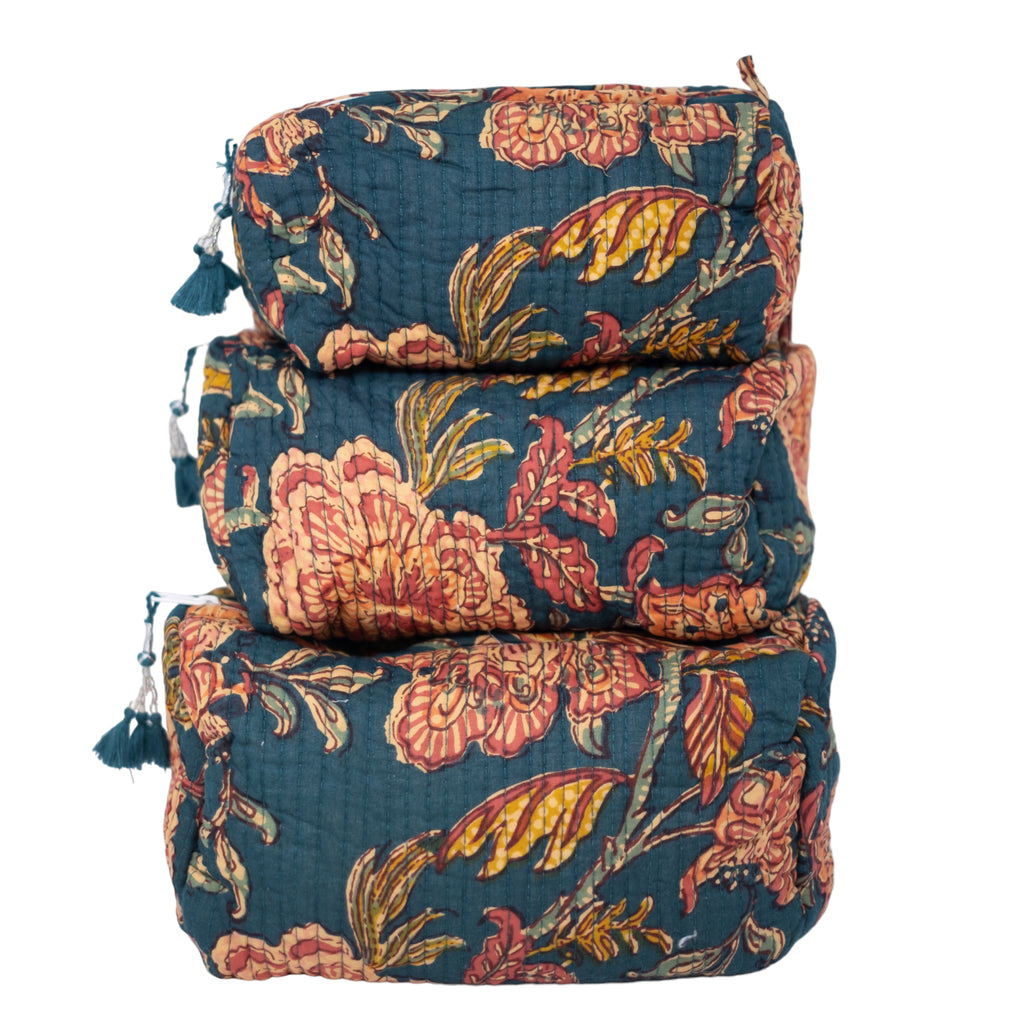 3 Piece Cosmetic Bag-Teal Peach Floral