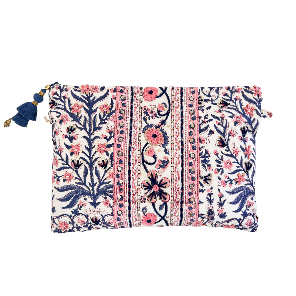 Pink/Blue Large Zipper Pouch With Embroidery