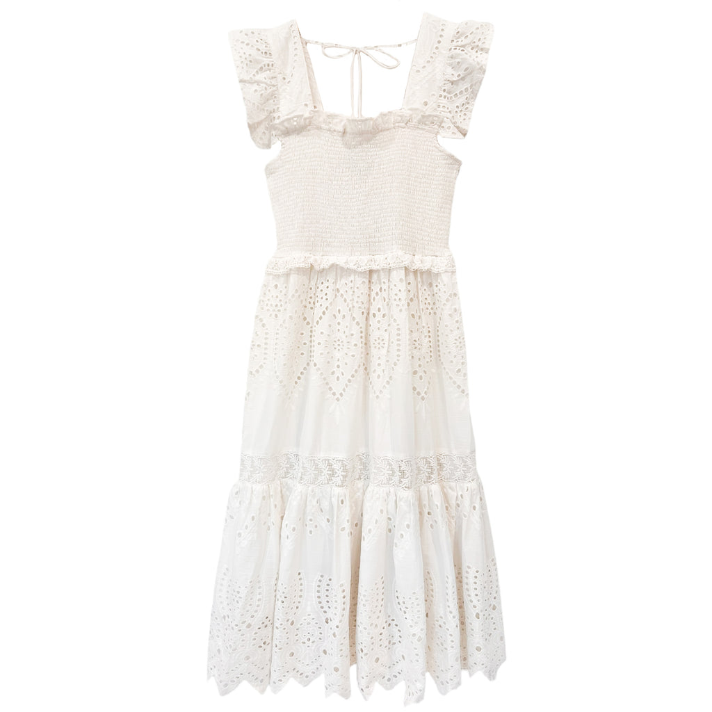 Smocked Eyelet Midi Dress