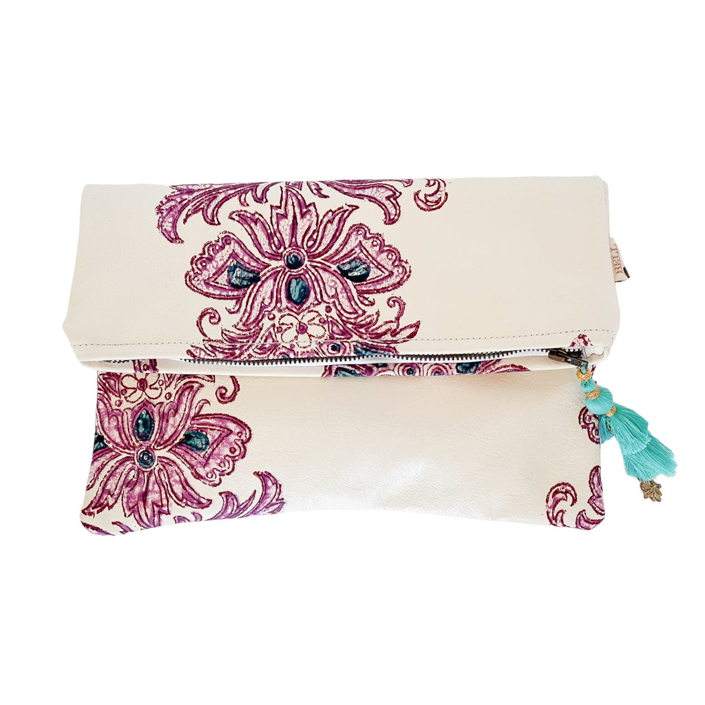 Flower Leather Fold Over Zipper Pouch