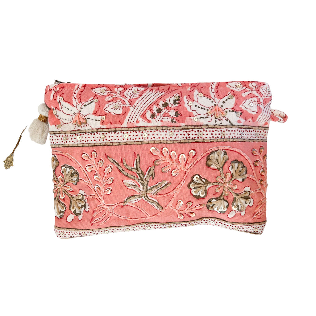 Peach Small Zipper Pouch With Embroidery