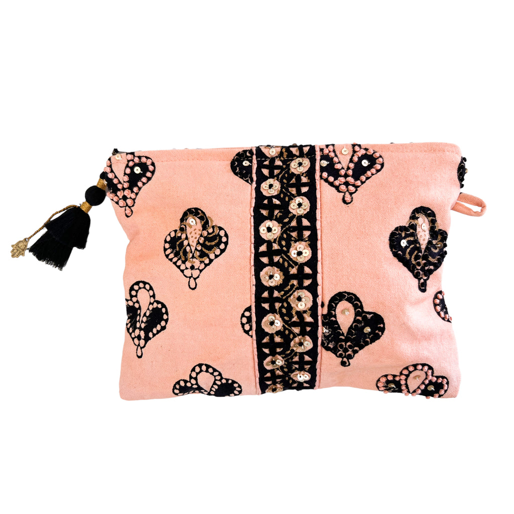 Peach/Black Small Zipper Pouch With Embroidery