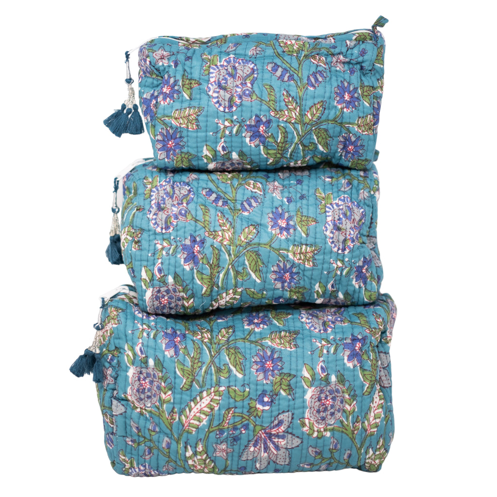 3 Piece Cosmetic Bag-Turquoise Purple Floral