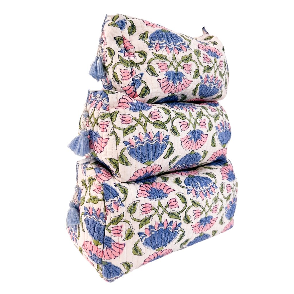 3 Piece Cosmetic Bag- Pink/ Blue Azalea