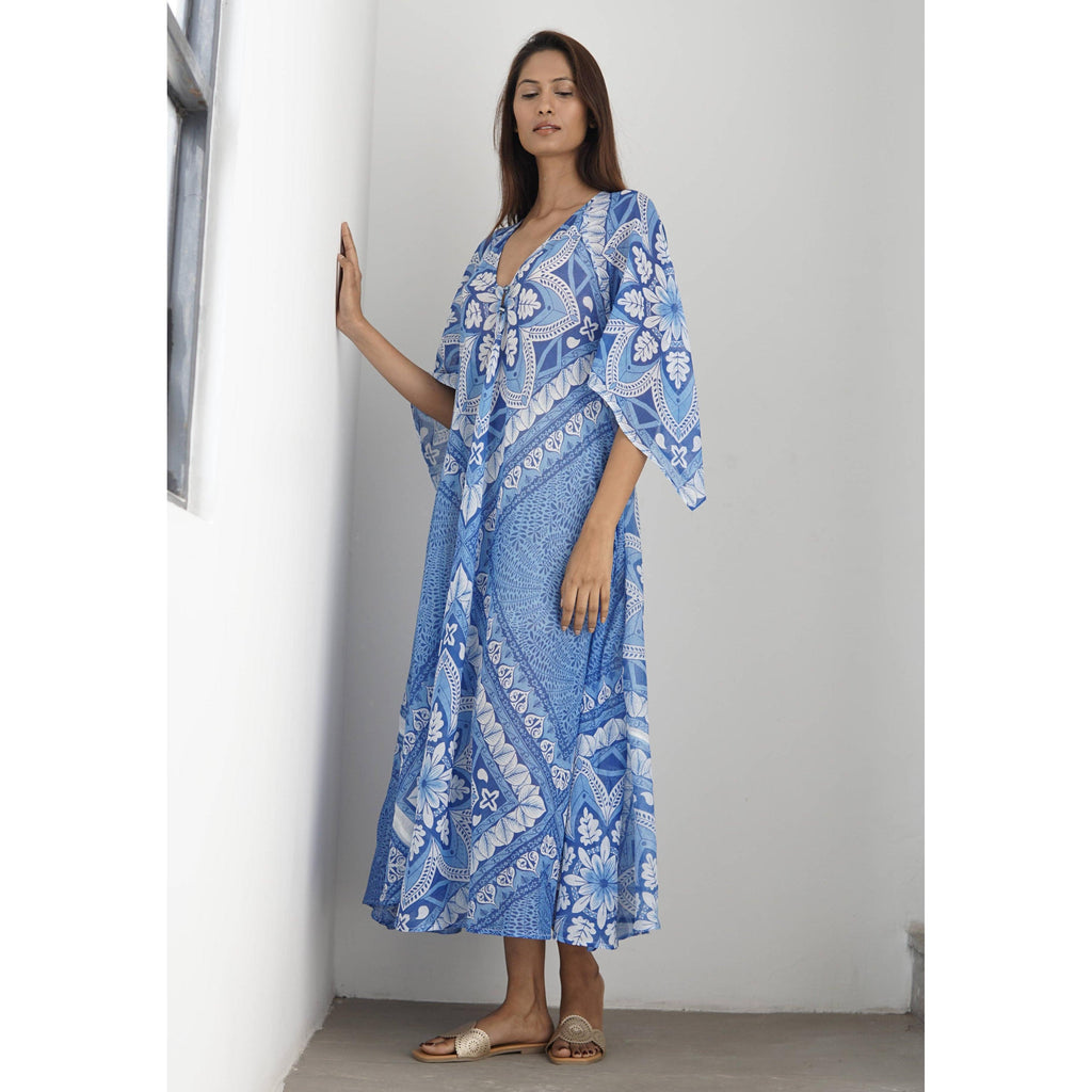 summer beach kaftan dresses dress. Floaty cotton dress, coverup: Lightblue or lounging in style Style SKU: F-DRS-LSL-SHIFT-SL Swiss Dot Sheer Beach Color:Ivory over Pearl gown with Natural Illusion