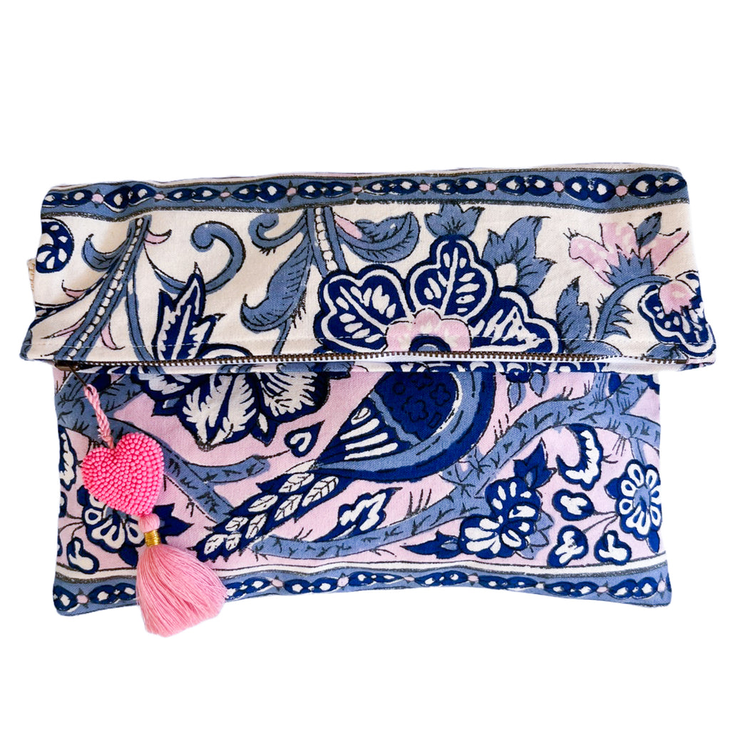 Fold Over Cross Zipper Pouch w/ Heart Tassel