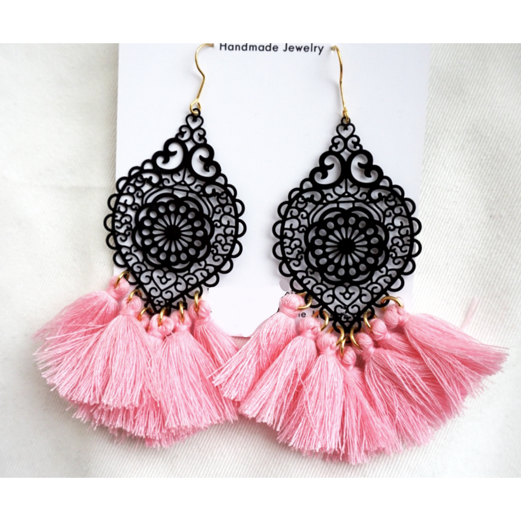 Black and Pink Tassel Earrings